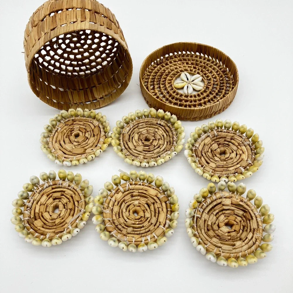 Woven Straw Coaster Set 6pc Natural Cowrie Shell Trim Boho Coastal